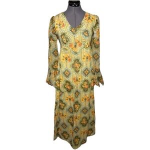 Vintage 70s Boho Prairie Floral Maxi Dress Hippie Festival XS B-32" W-30"